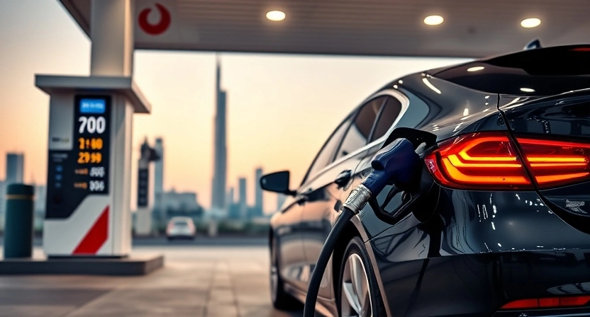 UAE October 2026 fuel prices and car rental at a Dubai petrol station